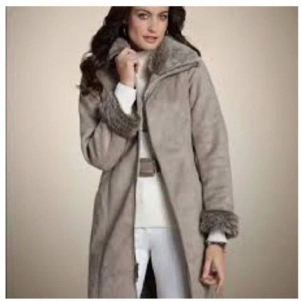 NWT Chico's Long Whimsical Wynee Coat Women 2 Large Ocean Fog Faux Suede Fur